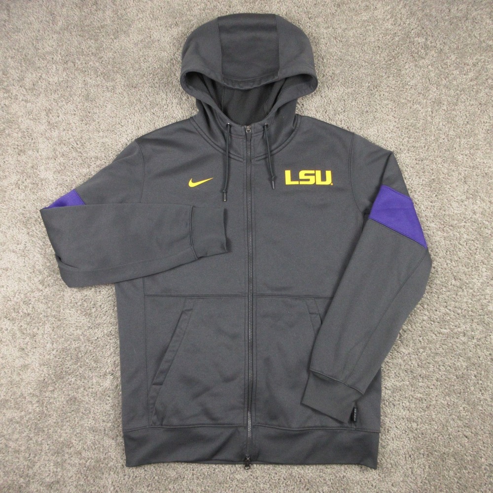 LSU Tigers Sweater Mens Medium Gray Full Zip Hoodie Sweatshirt Nike Drifit Logo